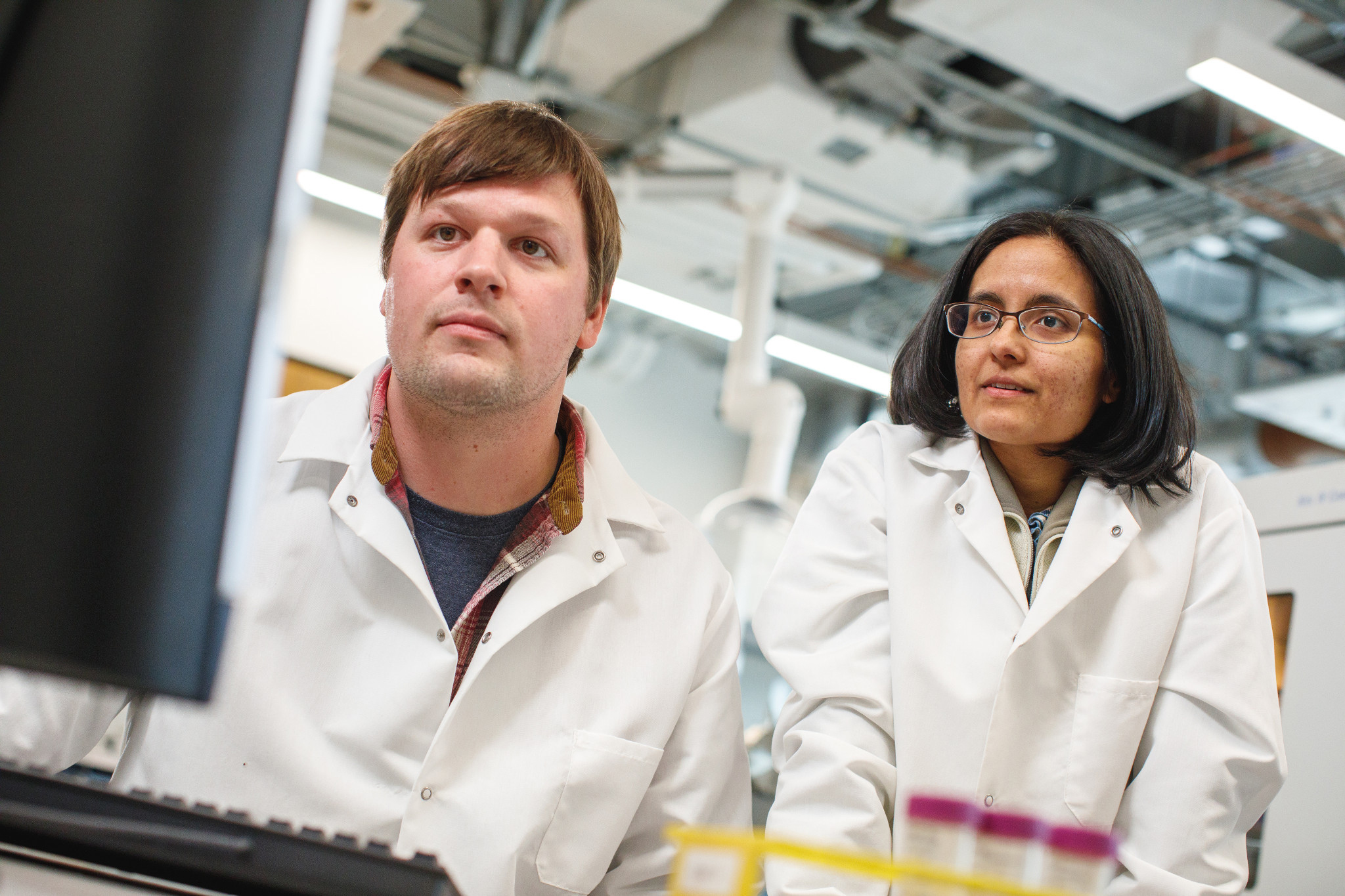 Two researchers in a laboratory looking at experiment results on a computer screen